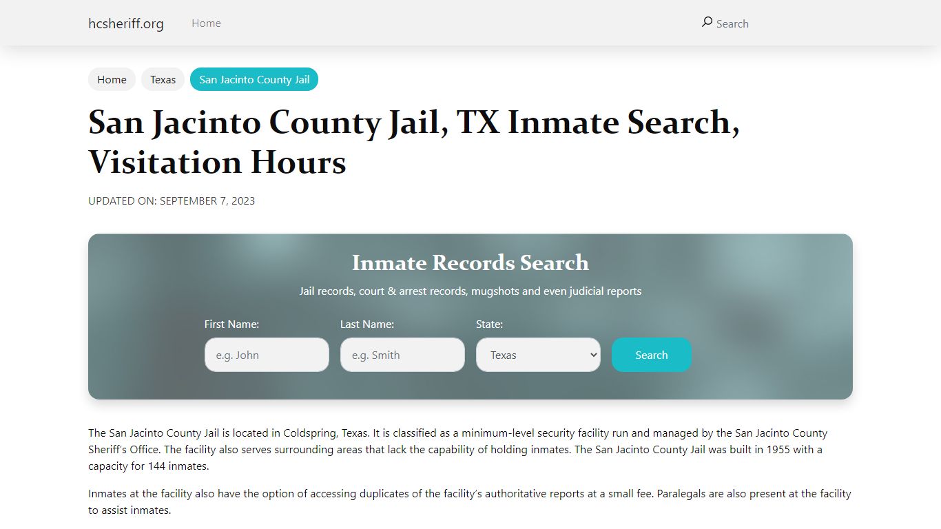 San Jacinto County Jail, TX Inmate Search, Visitation Hours